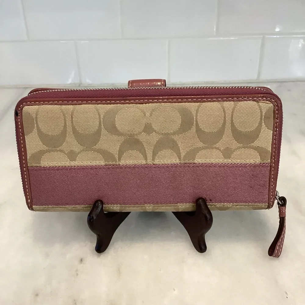Coach Wallet Canvas Pink Tan Jacquard Signature Stripe Logo Full Sized Wallet